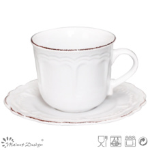 White with Brown Brush Ceramic Tea Cup and Saucer